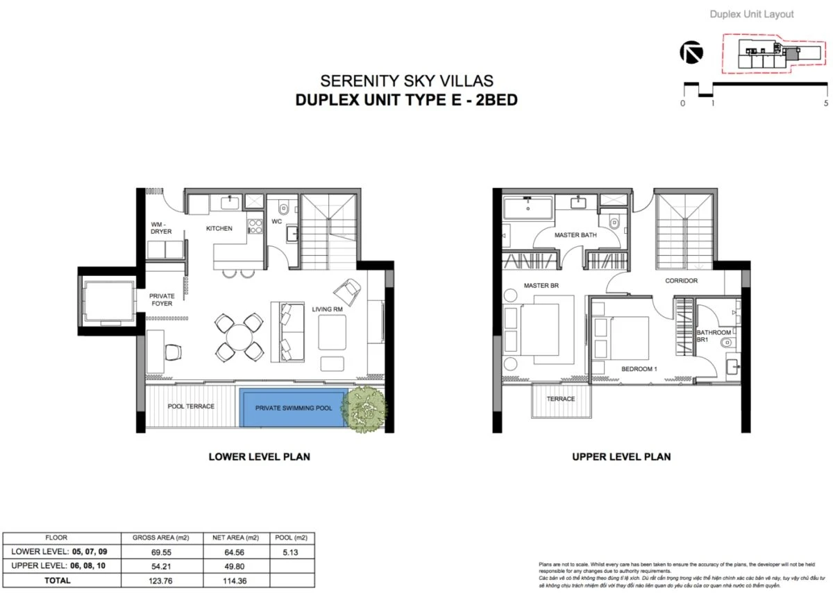 Bản vẽ mặt bằng căn hộ Duplex 2 phòng ngủ loại E dự án Serenity Sky Villas Quận 3