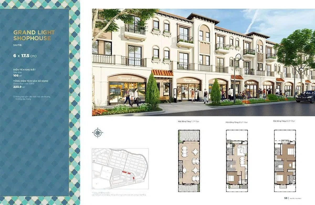 Sơ đồ mặt bằng thiết kế shophouse loại SH-T1B diện tích 105 m2 tại phân khu River Park 2 Aqua City