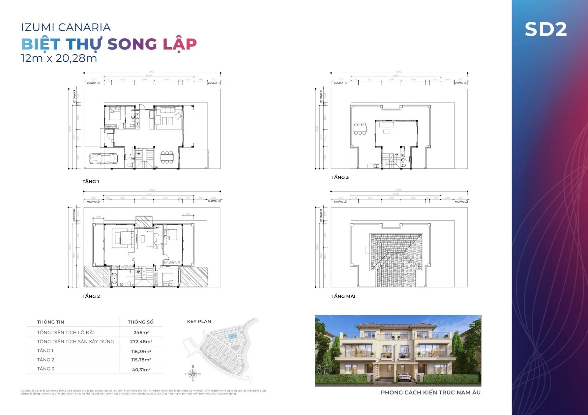 Chi tiết mặt bằng biệt thự song lập SD2 kích thước 12x20.28m