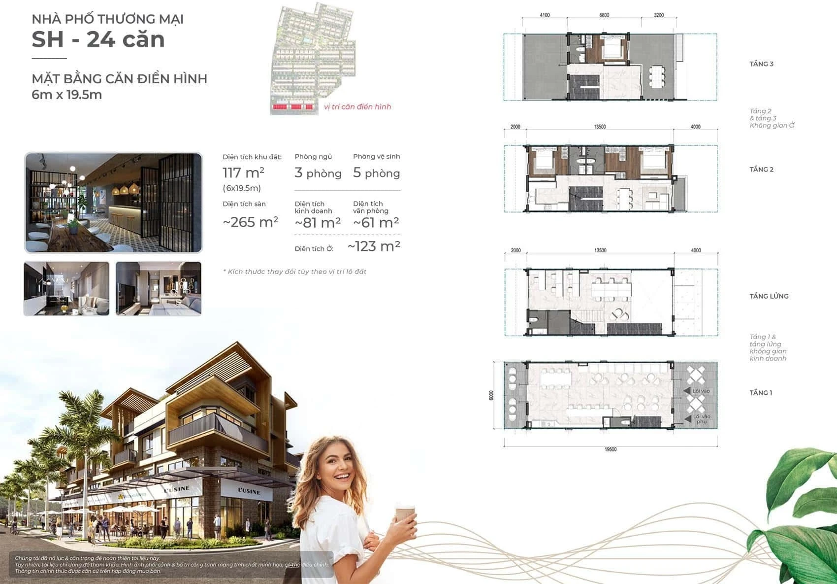 Chi tiết mặt bằng shophouse căn điển hình kích thước 6x19.5m