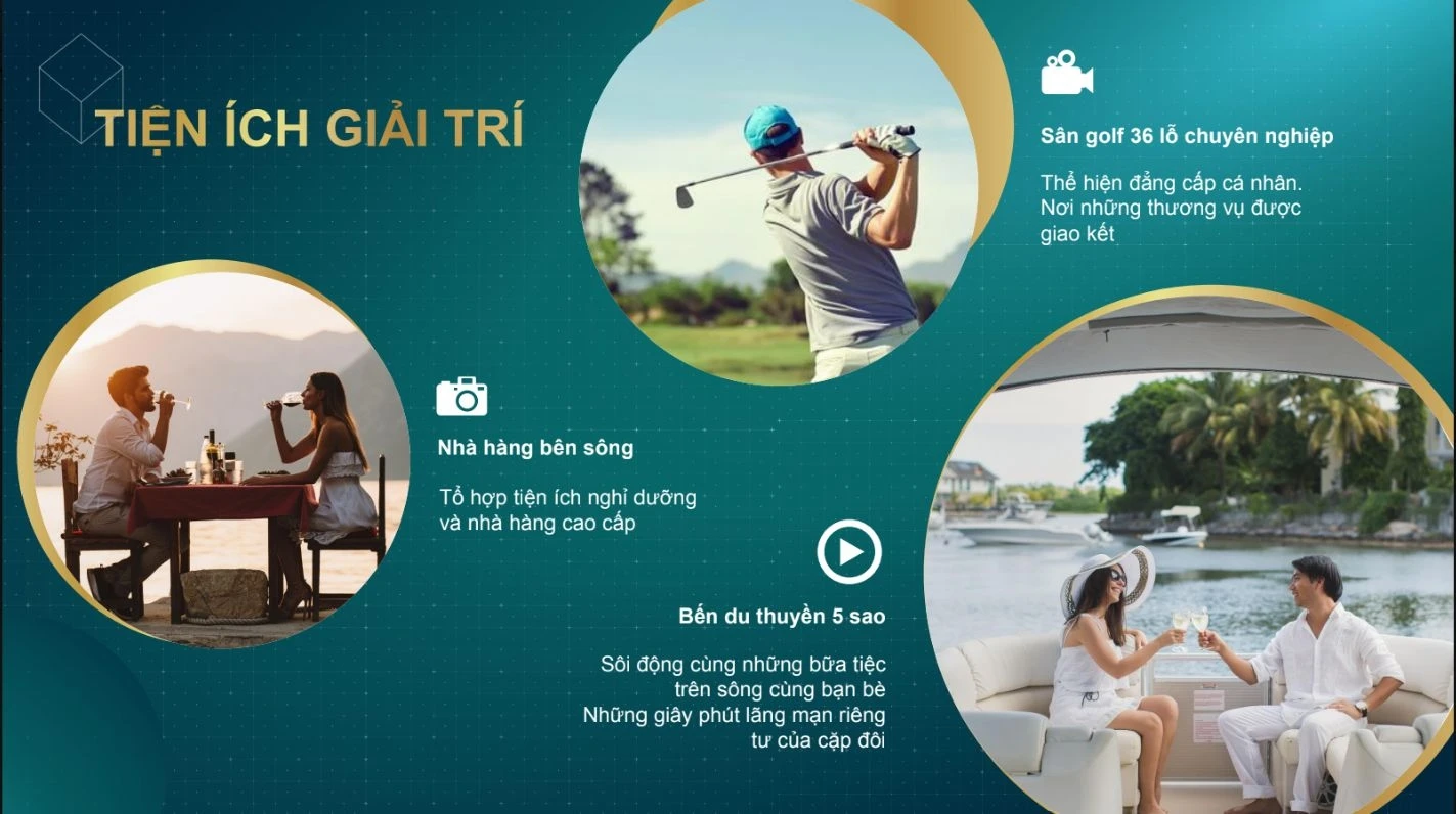 Các tiện ích giải trí cao cấp như sân golf 36 lỗ, nhà hàng bên sông và bến du thuyền 5 sao tại Aqua City