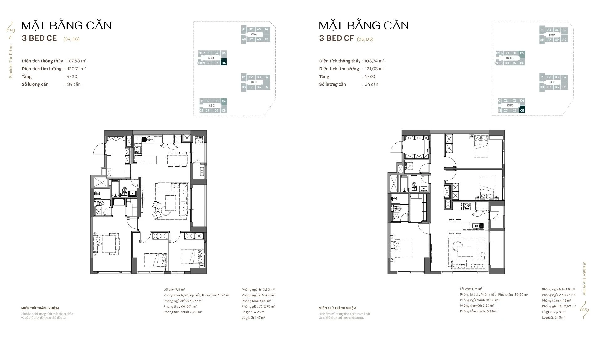 Layout mặt bằng căn hộ 3 phòng ngủ mã CE và CF diện tích 107.63 - 108.74 m2