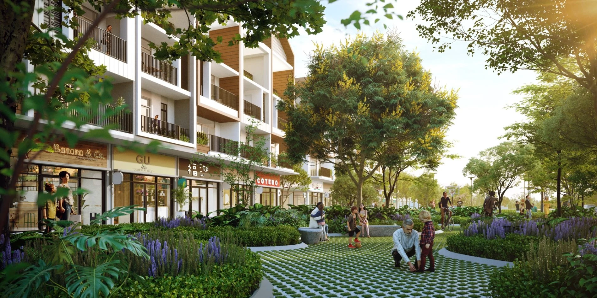Gia đình đa thế hệ tận hưởng không gian trong lành tại công viên cộng đồng Artisan Park