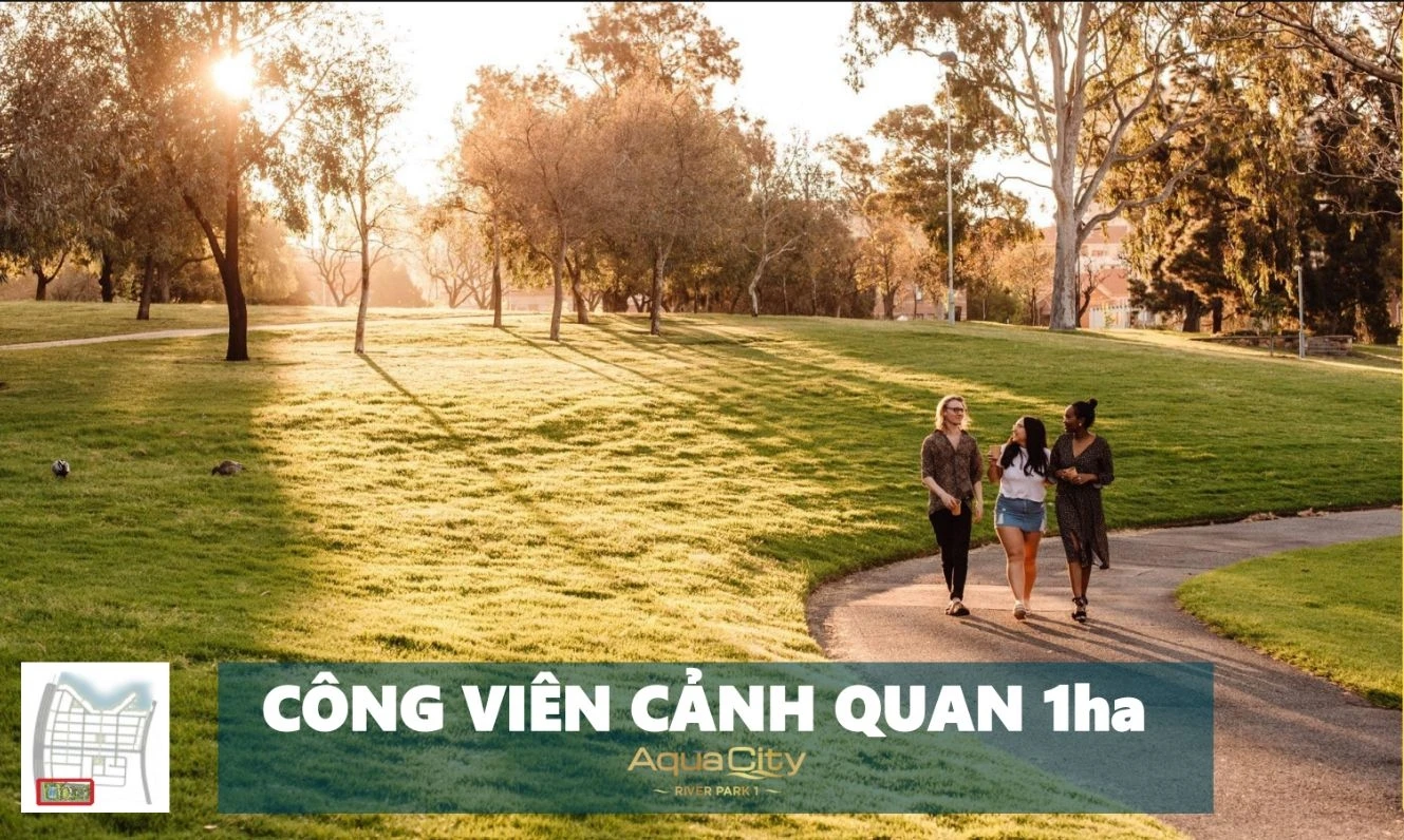 Nhóm bạn trẻ dạo bước dưới ánh hoàng hôn tại công viên cảnh quan 1ha River Park 1.