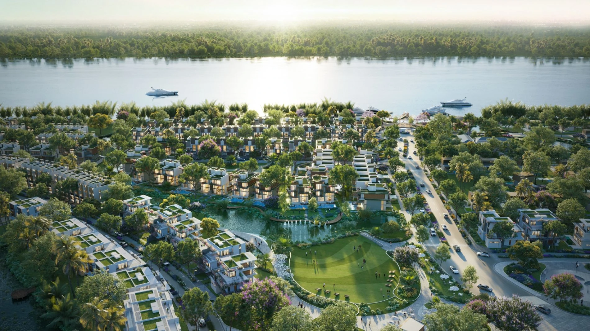 Khu vực bãi cỏ rộng lớn thuộc công viên trung tâm của phân khu Riverwalk