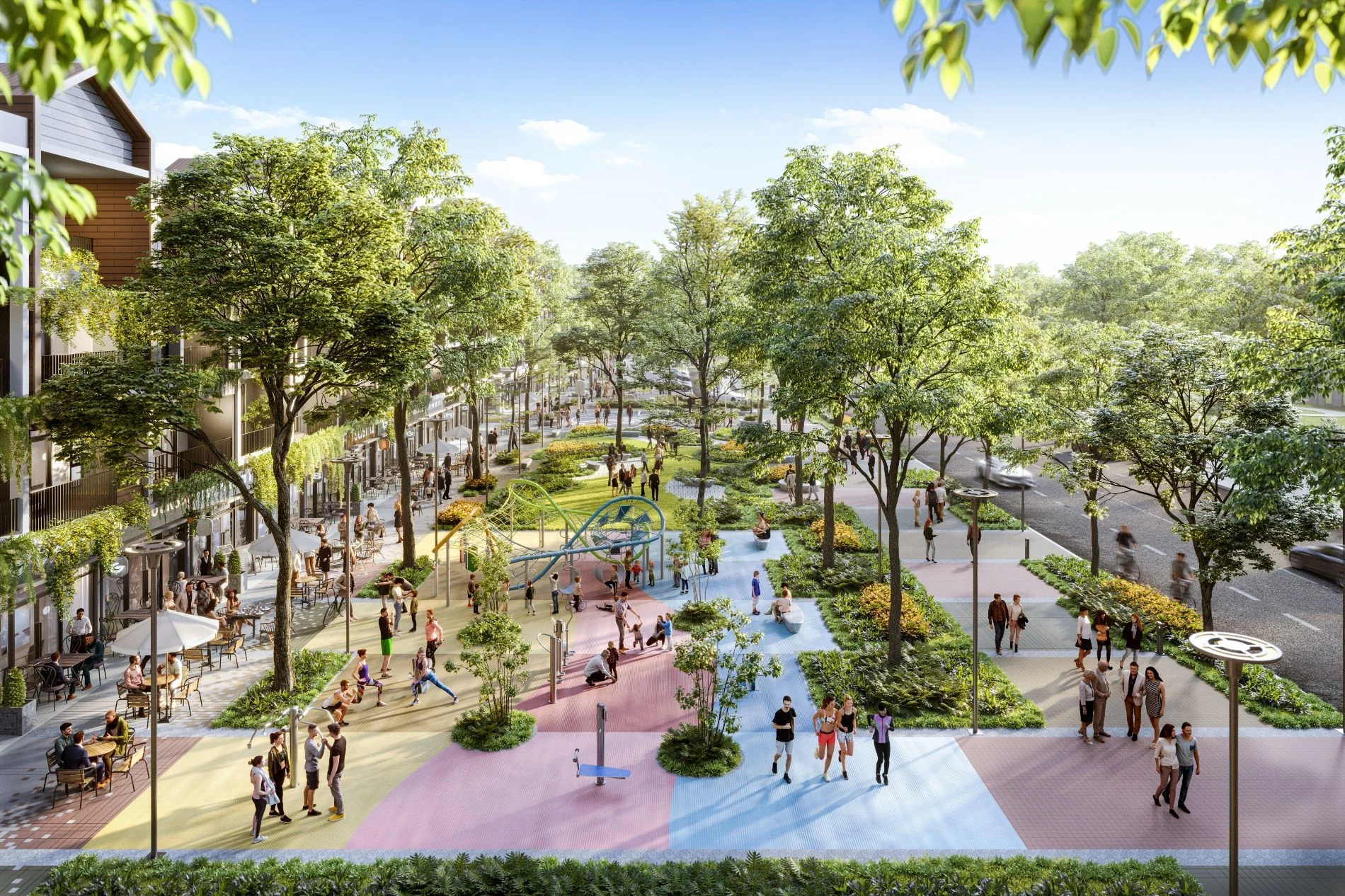 Góc nhìn trên cao bao quát công viên tuyến tính trải dài giữa các dãy nhà phố Artisan Park
