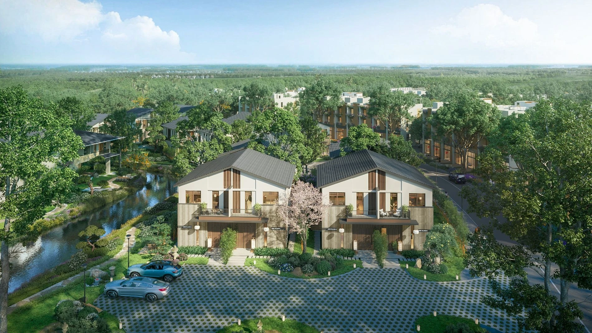 Thiết kế đối xứng của cụm biệt thự song lập Onsen Village với khoảng sân đỗ xe rộng rãi