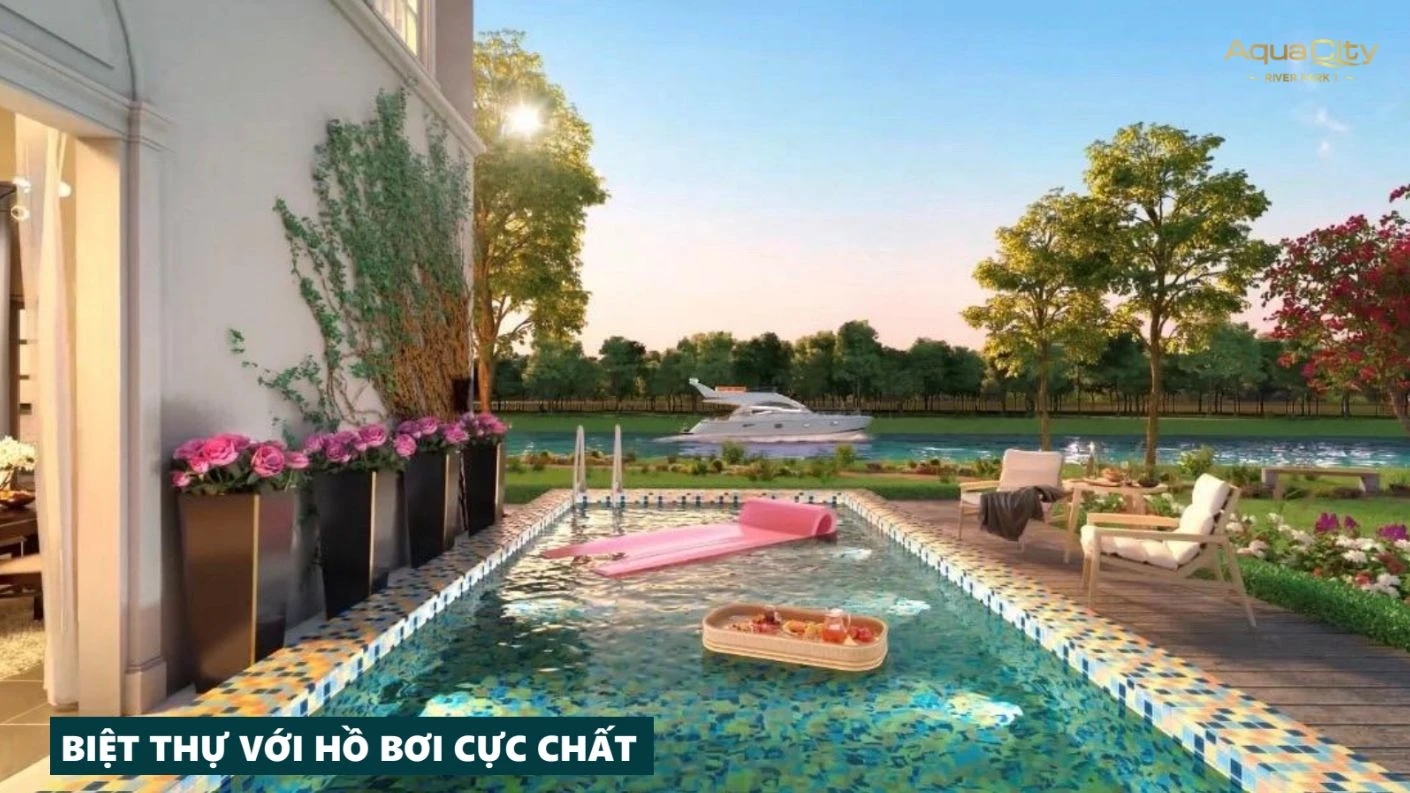 Góc nhìn từ hồ bơi riêng của căn biệt thự hướng ra mặt sông tại River Park 1.