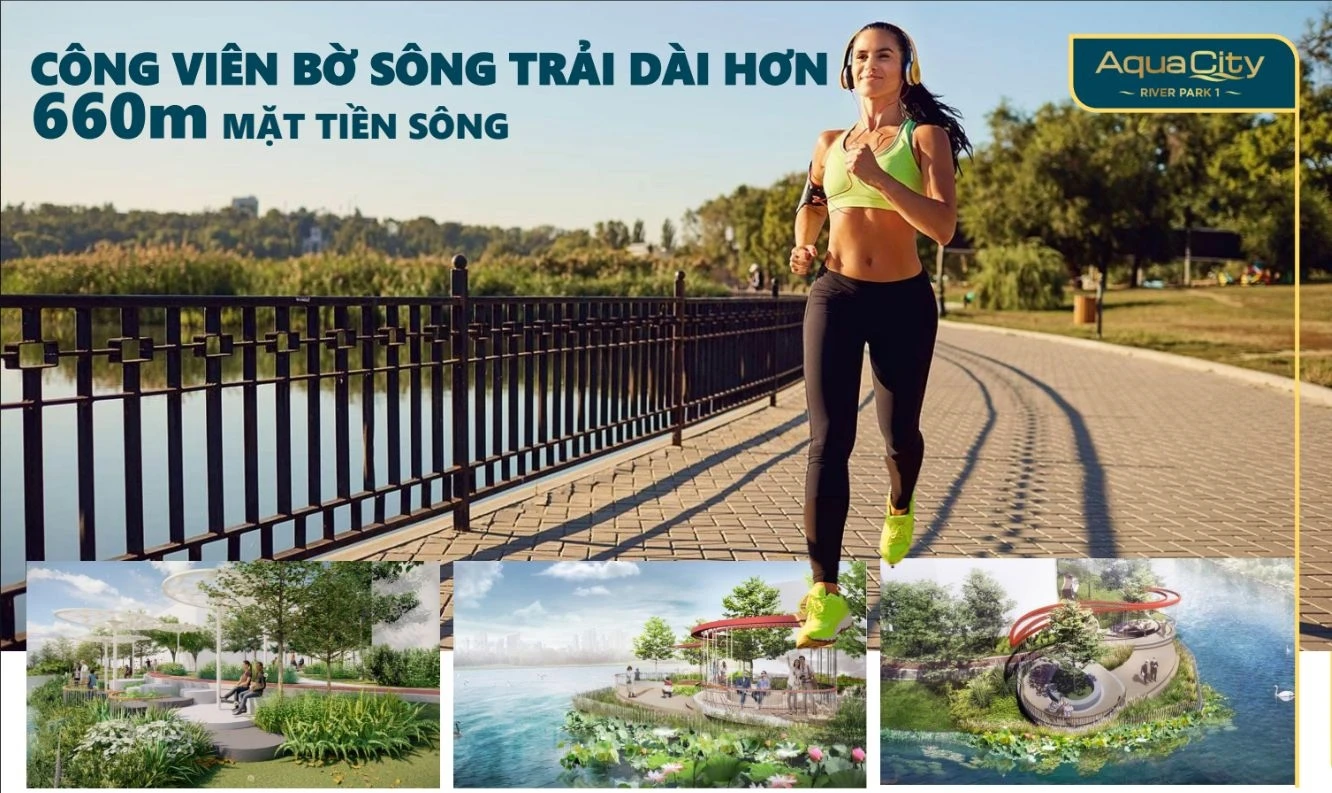 Cư dân chạy bộ tại công viên ven sông dài hơn 660m thuộc phân khu River Park 1 Aqua City.