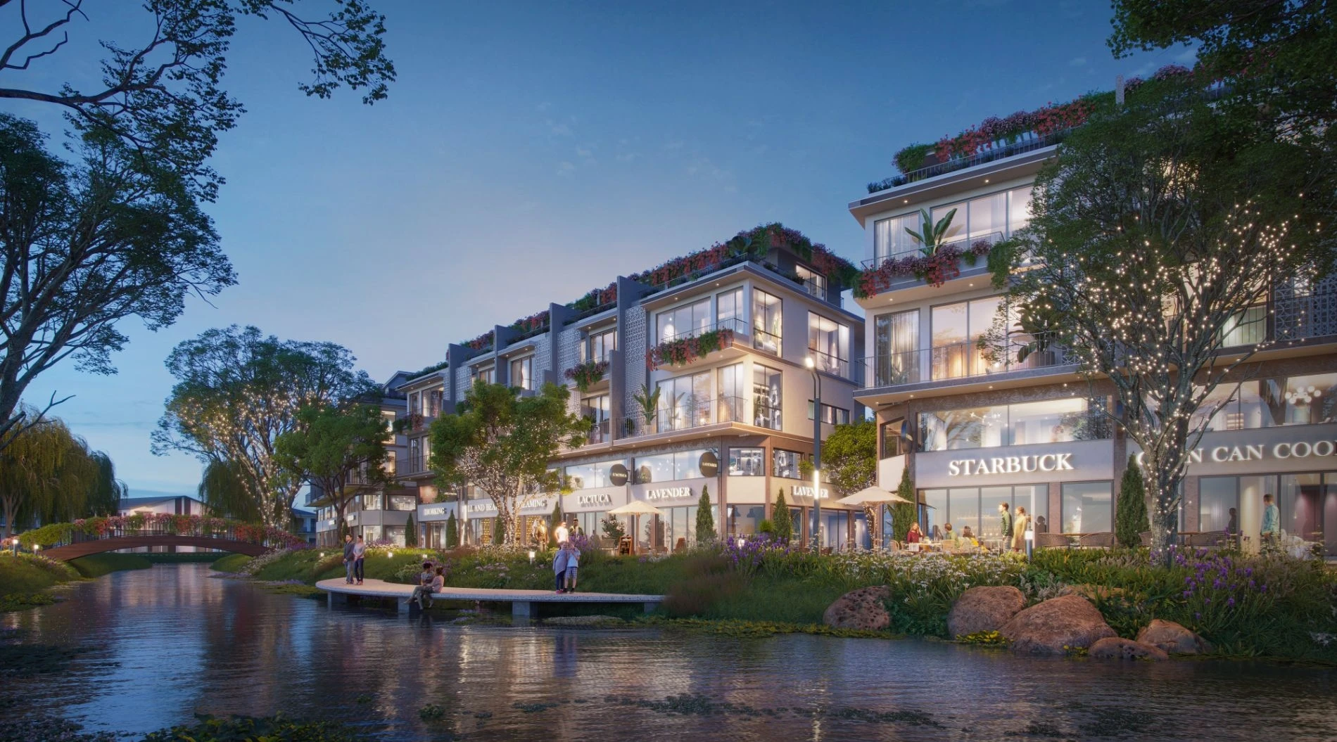 Dãy shophouse thương mại ven kênh rực rỡ ánh đèn vào buổi tối