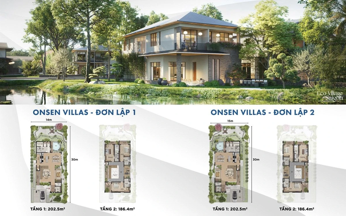 Phối cảnh và mặt bằng chi tiết hai mẫu biệt thự đơn lập Onsen Villas tại Eco Village Saigon River