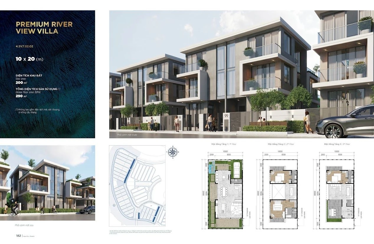Phối cảnh và mặt bằng biệt thự Premium River View Villa 10x20m