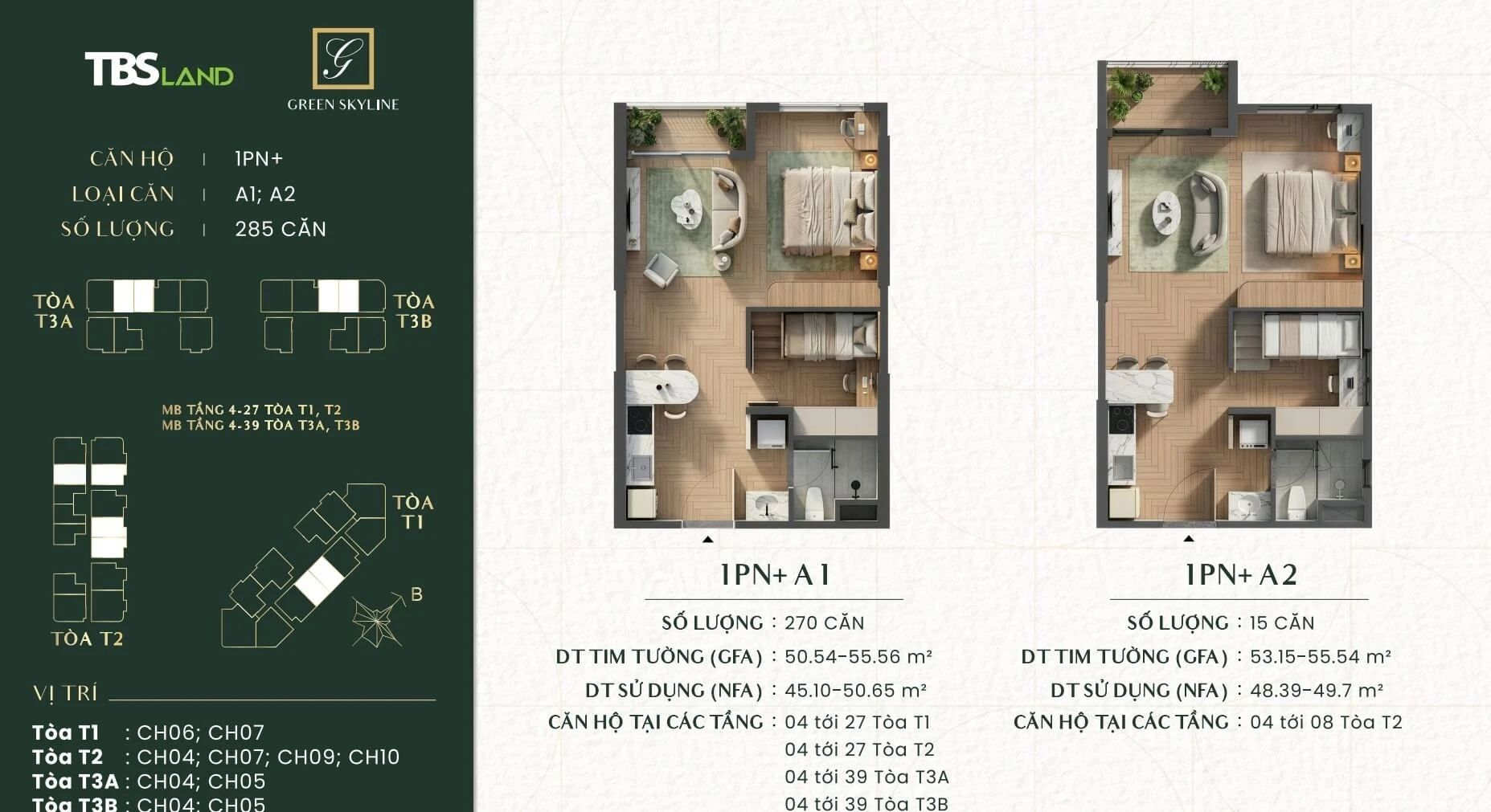 Bản vẽ mặt bằng căn hộ 1 phòng ngủ cộng loại A1 và A2 dự án Green Skyline