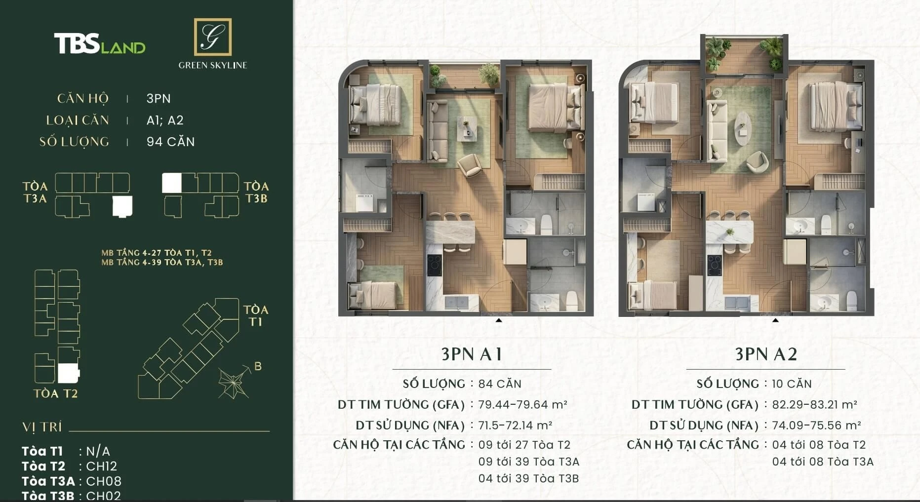 Sơ đồ chi tiết căn hộ 3 phòng ngủ loại A1 và A2