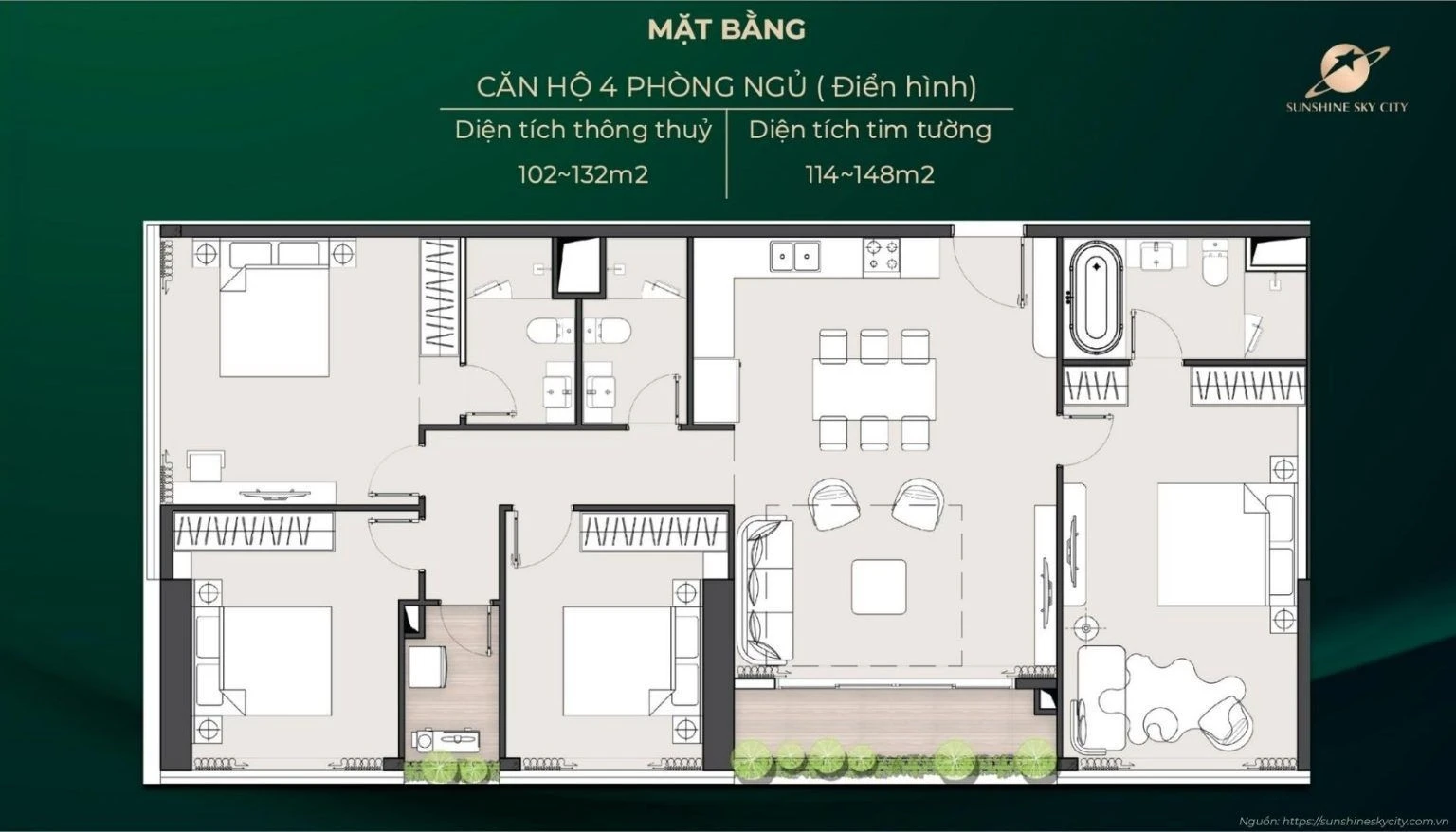 Bản vẽ layout thiết kế căn hộ 4 phòng ngủ dự án Sunshine City Sài Gòn