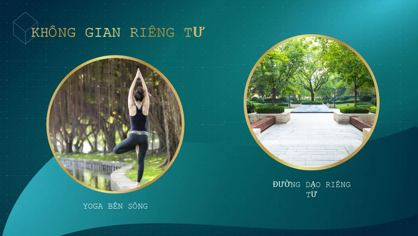 Người phụ nữ tập yoga bên bờ sông và đường dạo bộ rợp bóng cây xanh tại Aqua City