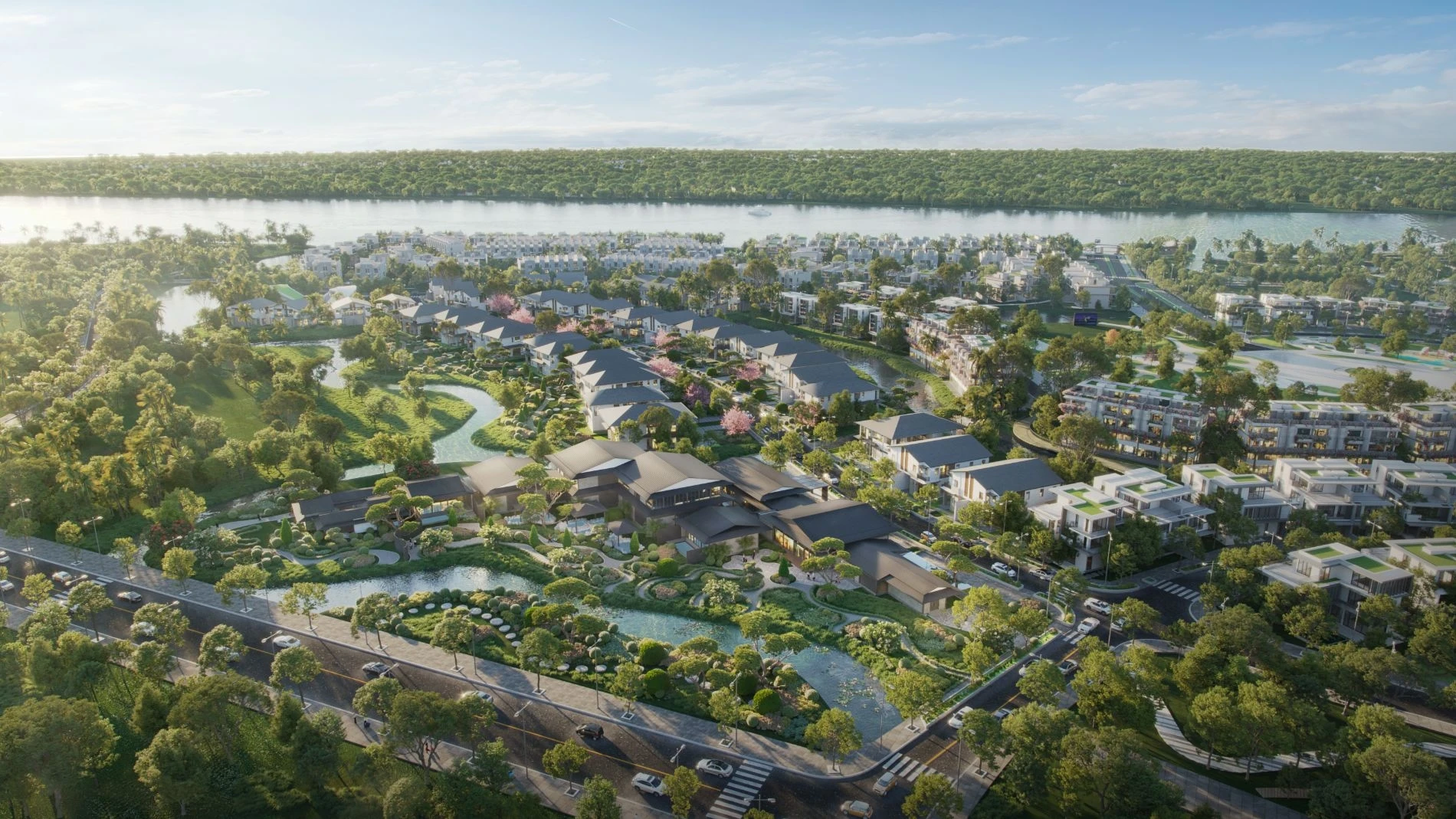 Phối cảnh tổng thể phân khu Onsen Village với mật độ mảng xanh và mặt nước bao quanh