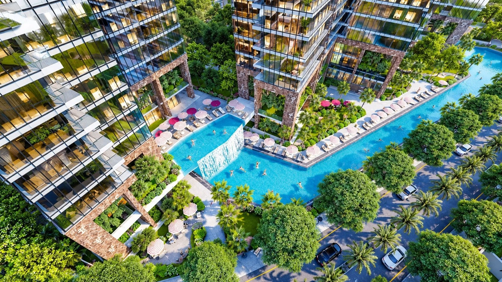 Góc nhìn từ trên cao xuống hệ thống hồ bơi liên tòa của Sunshine City Sài Gòn