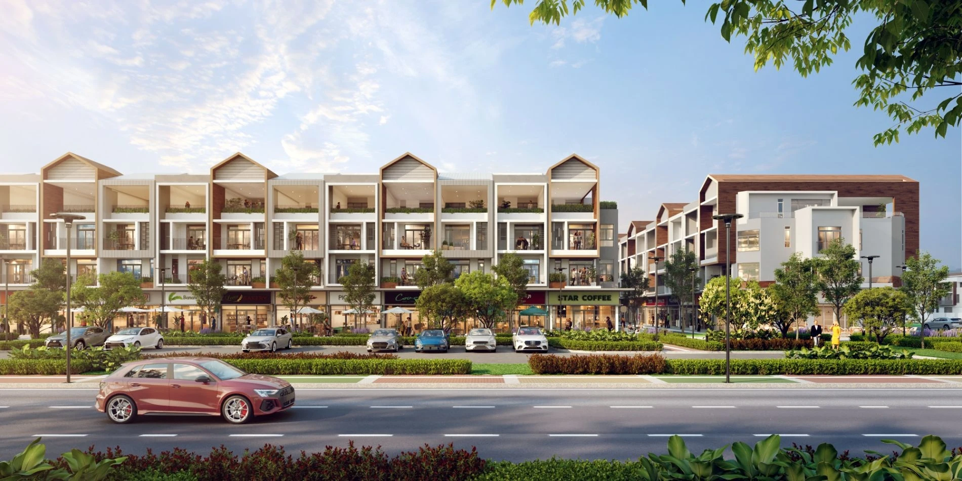 Dãy shophouse kinh doanh nhộn nhịp tại Artisan Park Bình Dương với bãi đỗ xe ô tô thuận tiện