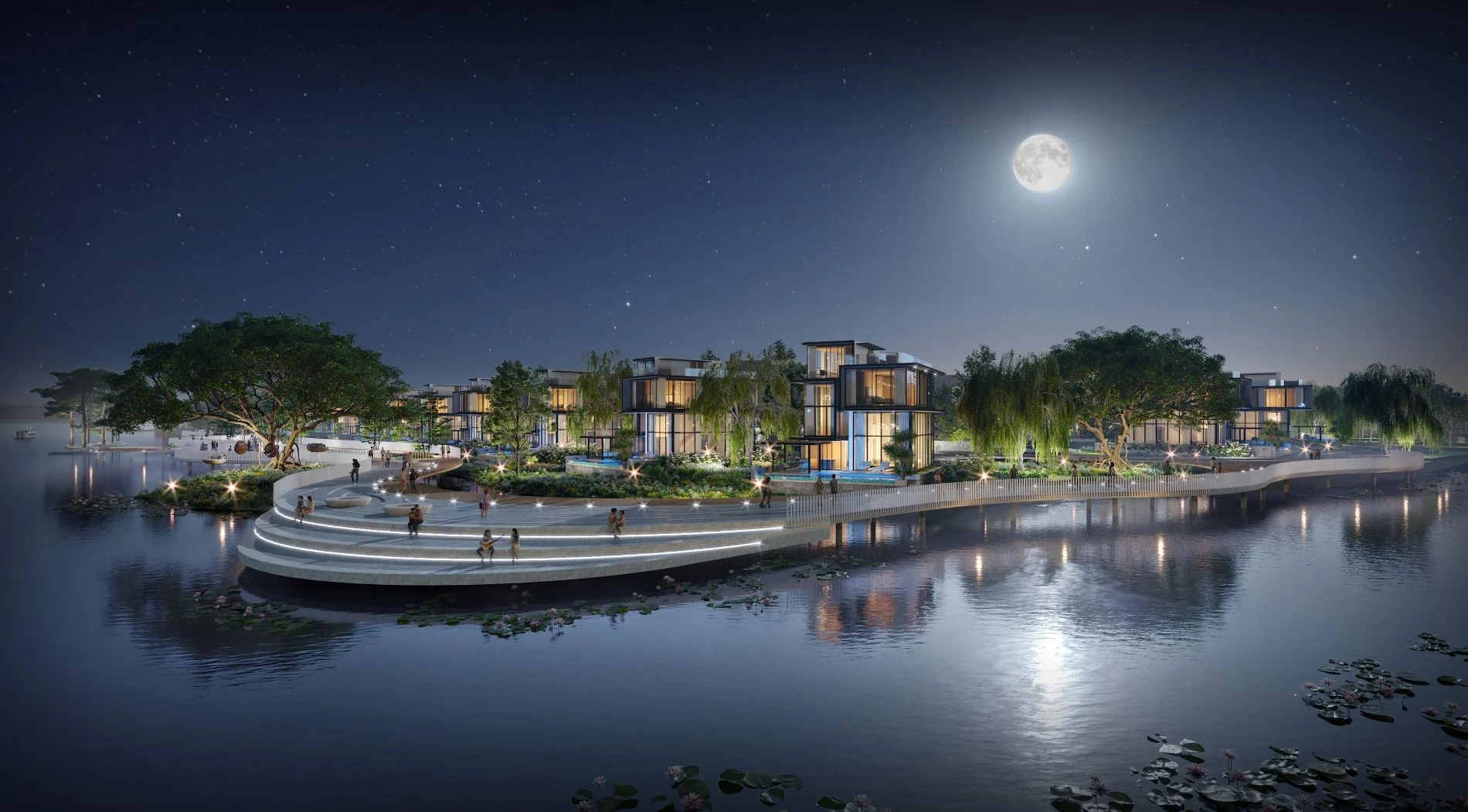 Cảnh quan phân khu Riverwalk lung linh ánh đèn dưới bầu trời đêm có trăng sáng