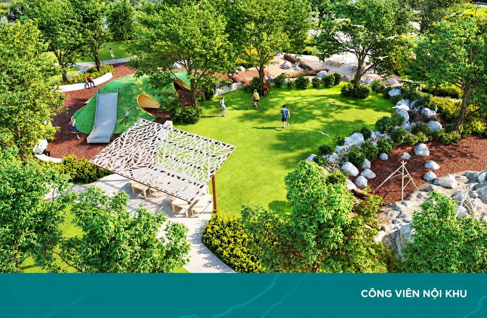 Khu vực công viên nội khu với bãi cỏ rộng và các trò chơi vận động cho trẻ em