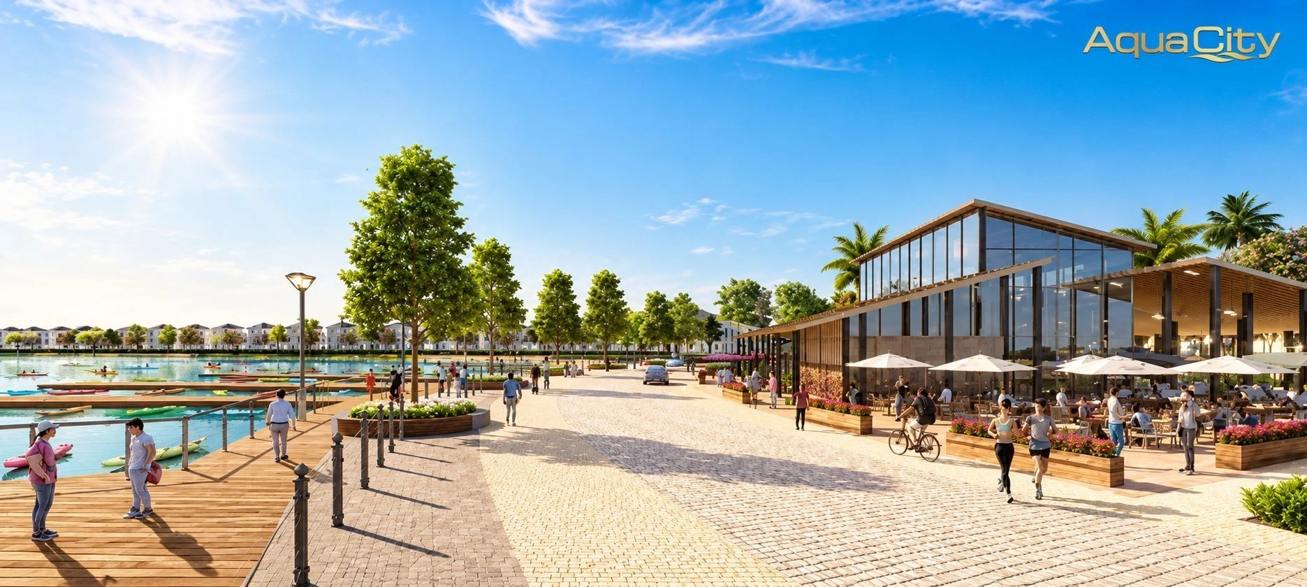Cư dân tham gia chèo kayak và thư giãn tại quán cafe ven sông