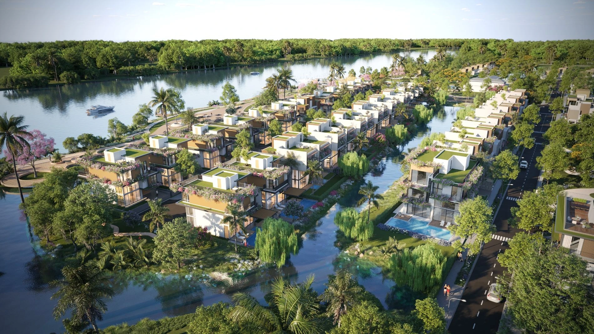 Các căn biệt thự cao cấp nằm dọc theo tuyến kênh đào sinh thái nội khu Riverwalk