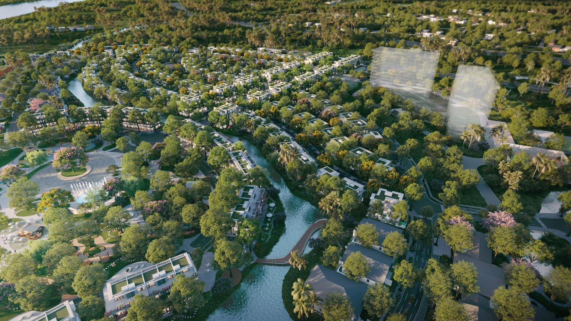Dòng kênh đào xanh mát uốn lượn qua các dãy biệt thự tại Eco Village Saigon River