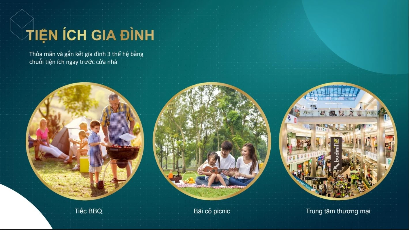 Các hoạt động gắn kết gia đình như tiệc BBQ, bãi cỏ picnic và trung tâm thương mại tại Aqua City