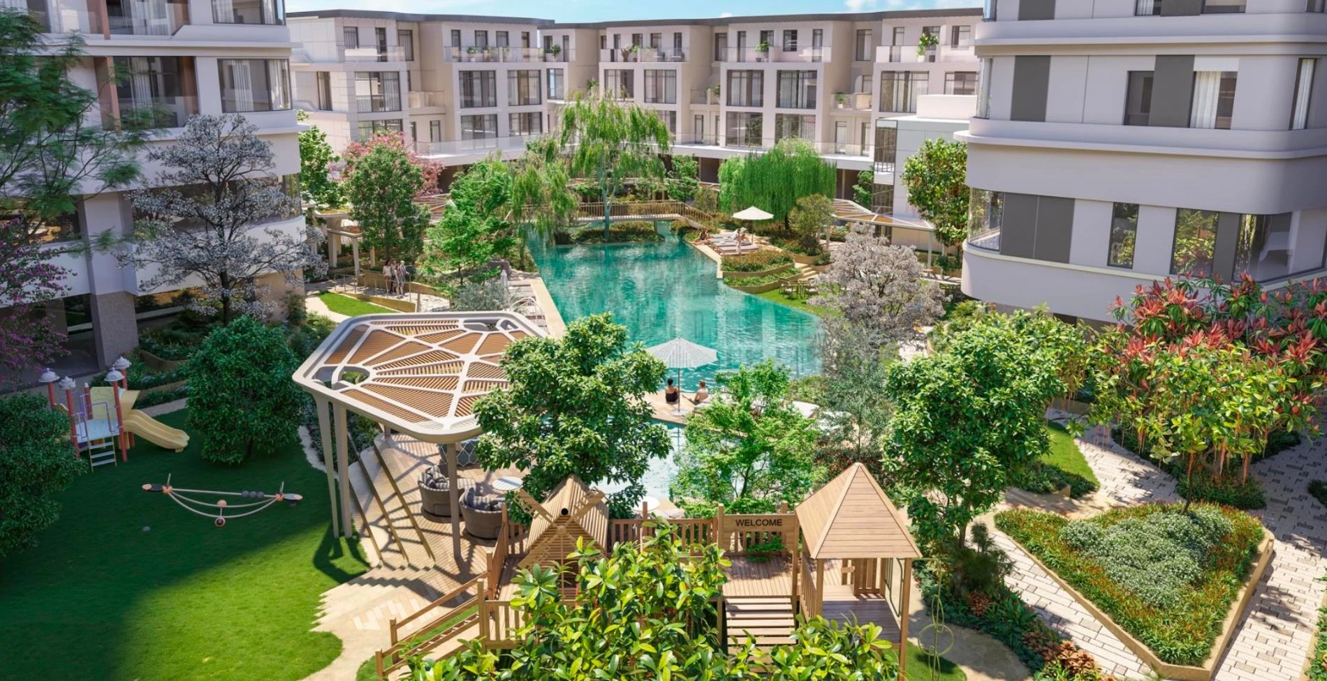 Toàn cảnh hồ bơi tầng trệt đan xen mảng xanh tại Thủ Thiêm Zeit River