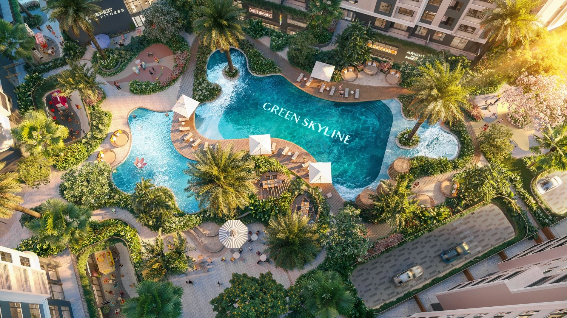 Góc nhìn từ trên cao xuống tổ hợp hồ bơi resort chuẩn quốc tế