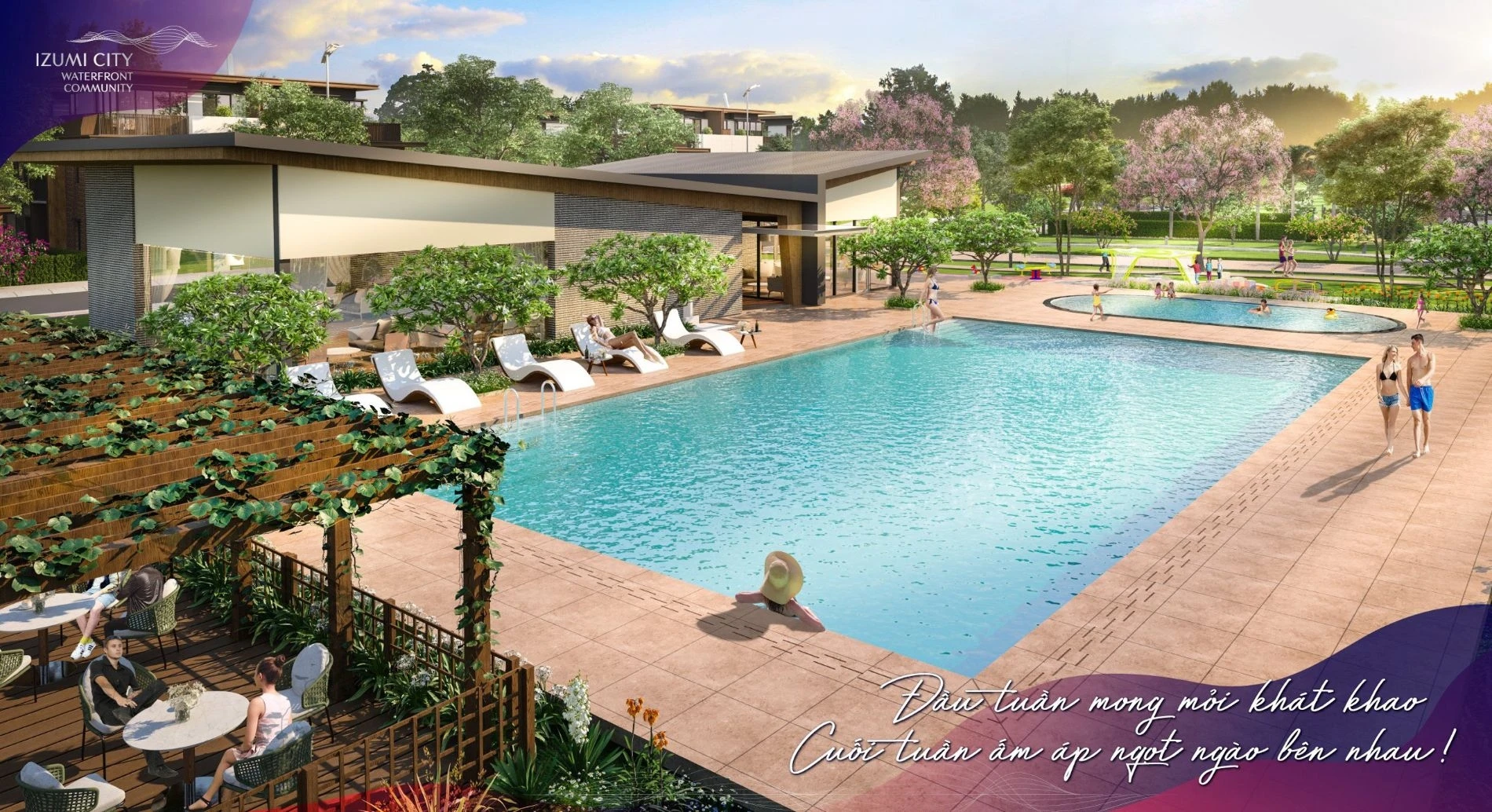 Cư dân đang thư giãn tại hồ bơi tràn bờ chuẩn resort của Izumi City