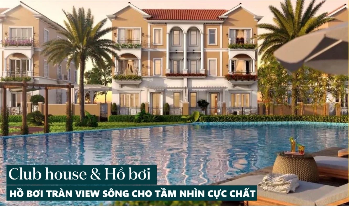 Hồ bơi tràn bờ view sông nằm sát các dãy biệt thự sang trọng tại River Park 1.