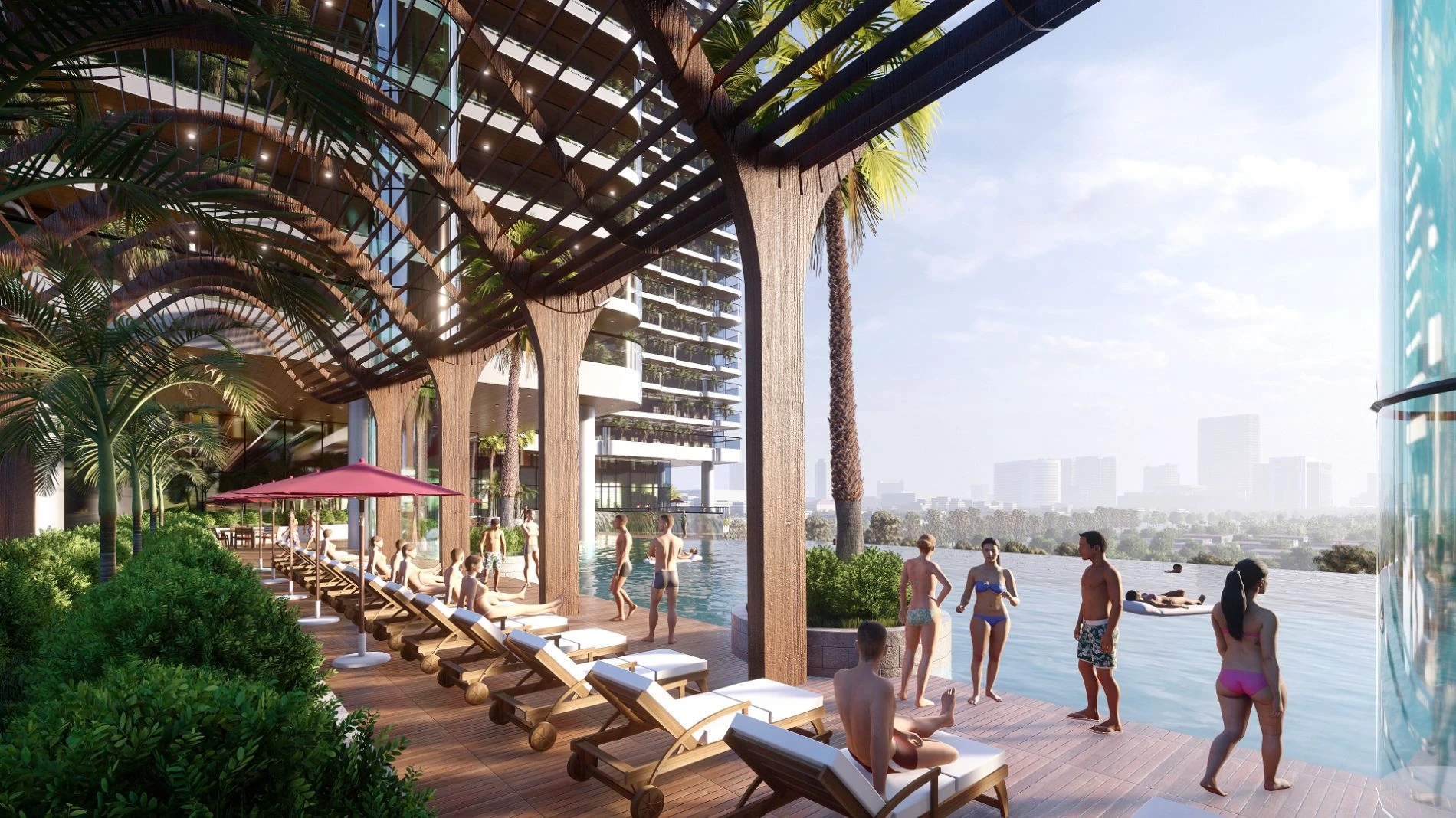 Khu vực hồ bơi vô cực với hàng ghế tắm nắng sang trọng tại dự án Sunshine Horizon