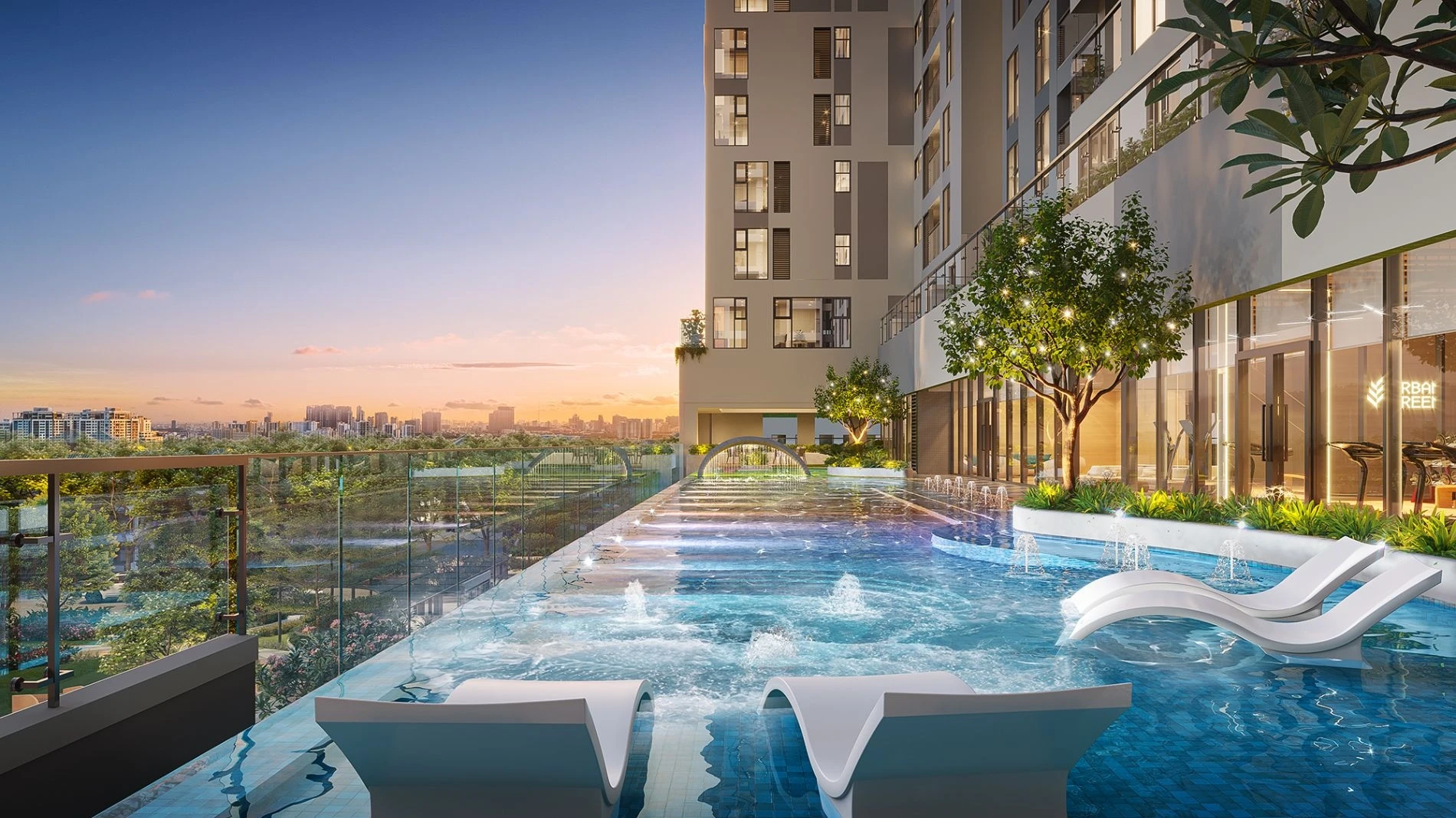 Hồ bơi vô cực trên cao với tầm nhìn panorama ngắm nhìn thành phố tại Urban Green
