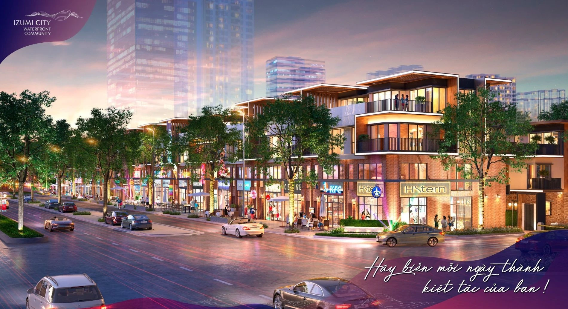 Tuyến đường shophouse kinh doanh sầm uất vào ban đêm tại Izumi City
