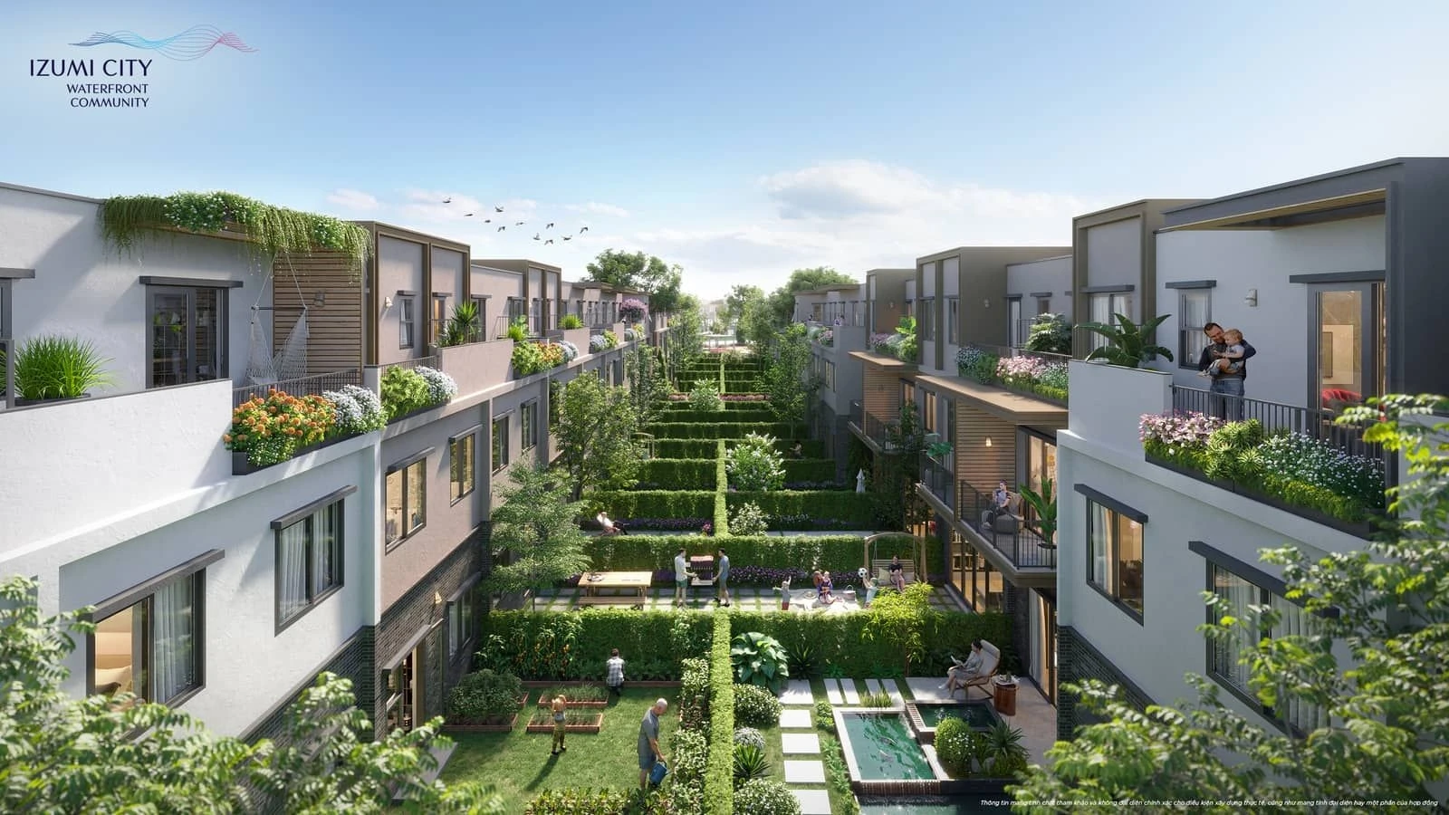 Khoảng lùi sân vườn xanh mát giữa các dãy nhà phố Izumi Gardenia