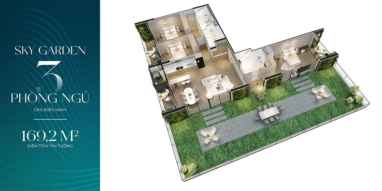 Bản vẽ bóc mái 3D căn hộ Sky Garden 3 phòng ngủ diện tích 169.2m2