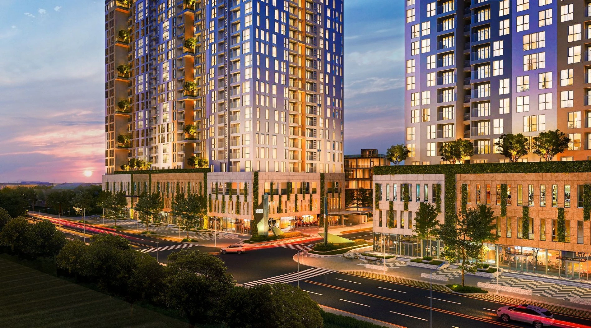 Khối đế thương mại shophouse dự án Urban Green rực rỡ ánh đèn vào ban đêm