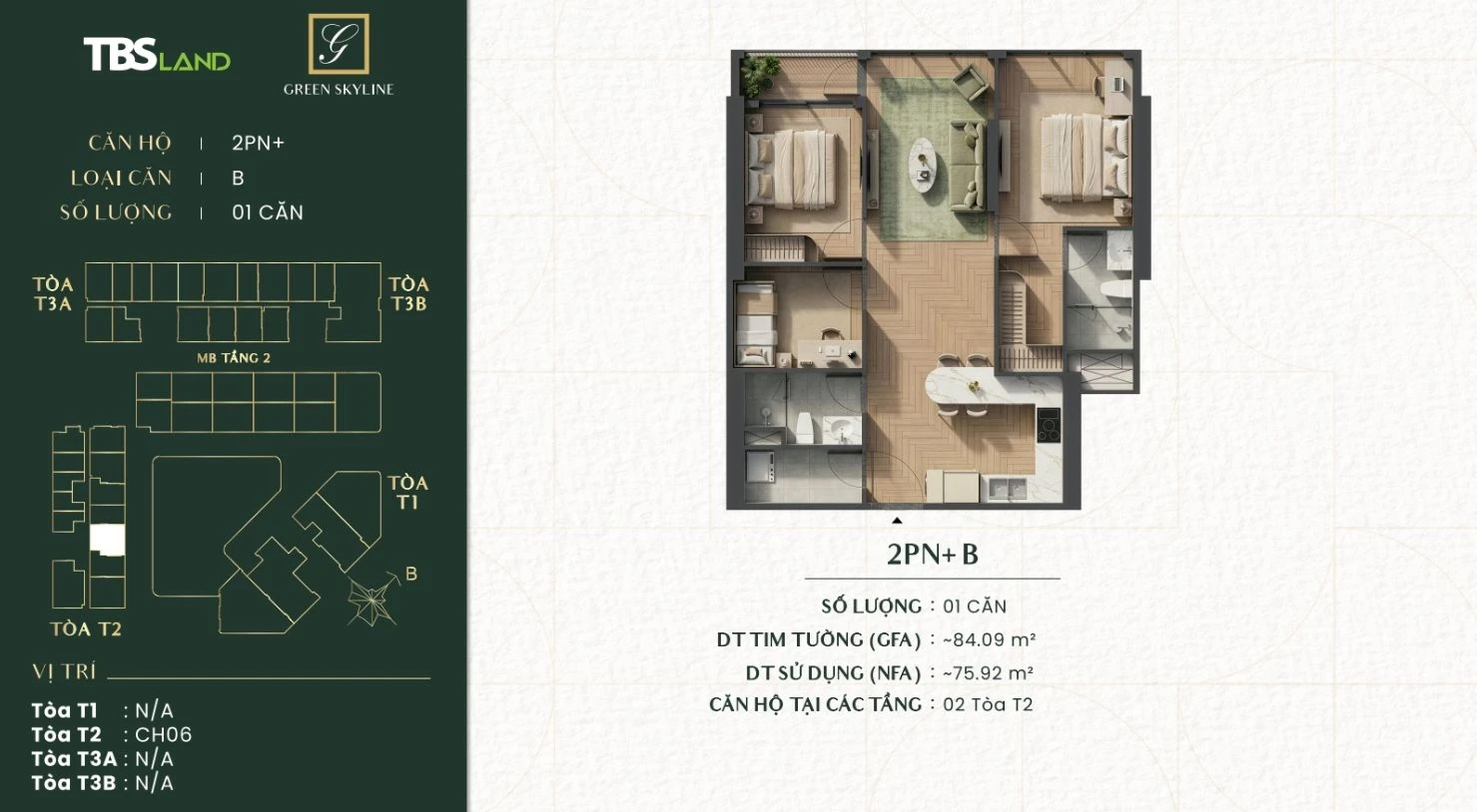 Bản vẽ mặt bằng căn hộ 2 phòng ngủ cộng loại B dự án Green Skyline