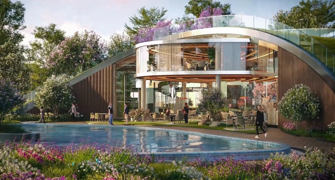 Không gian thưởng thức cafe ngoài trời bên hồ bơi tại Eco Village Saigon River