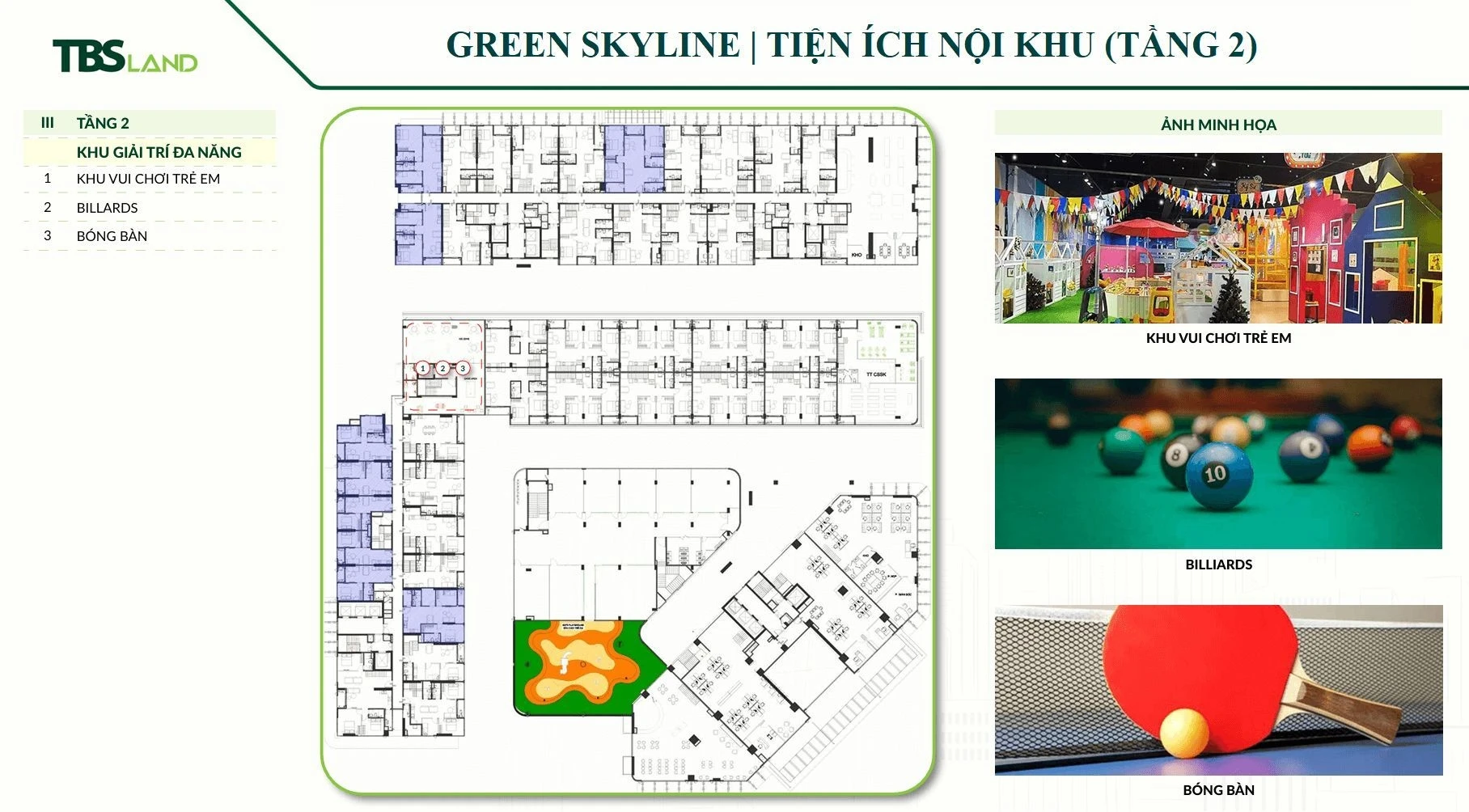 Mặt bằng tiện ích tầng 2 với các khu vực giải trí đa năng tại Green Skyline