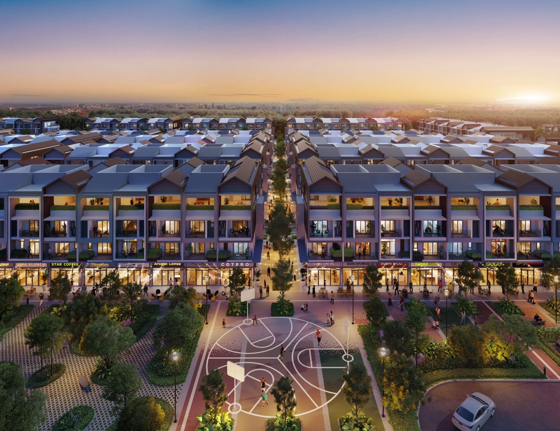 Không gian quảng trường trung tâm sầm uất tại Artisan Park khi lên đèn với sân bóng rổ nổi bật