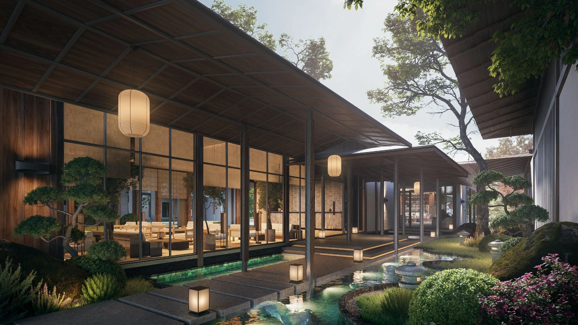 Không gian sân trong với hồ nước và lối đi xếp đá nghệ thuật tại Onsen Clubhouse