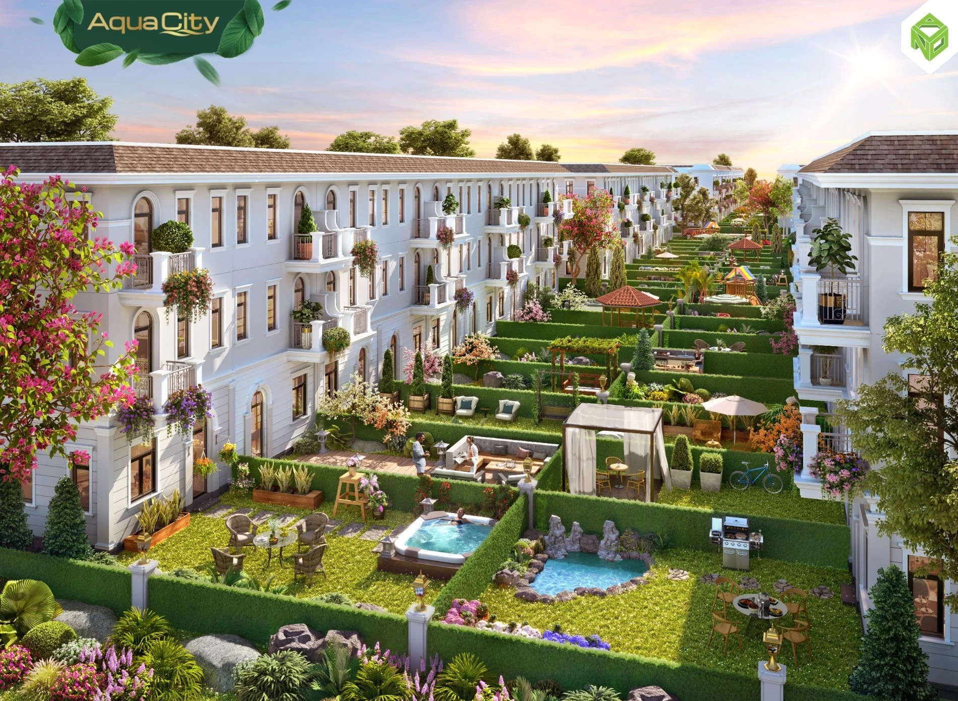 Không gian sân vườn xanh mát phía sau các dãy nhà phố tạo sự riêng tư tuyệt đối