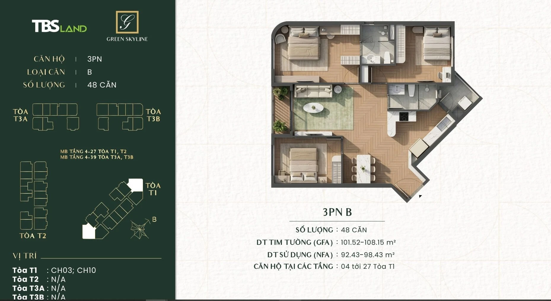 Bản vẽ bóc mái căn hộ 3 phòng ngủ loại B tại Green Skyline