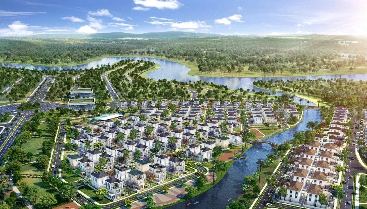 Phối cảnh các căn biệt thự Ever Green 1 Aqua City nằm ven sông Đồng Nai với mảng xanh bao phủ.