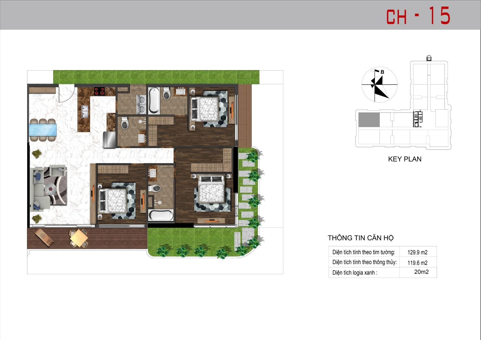 Layout thiết kế căn hộ 15 loại 3 phòng ngủ diện tích 129.9 m2 dự án Sunshine Horizon
