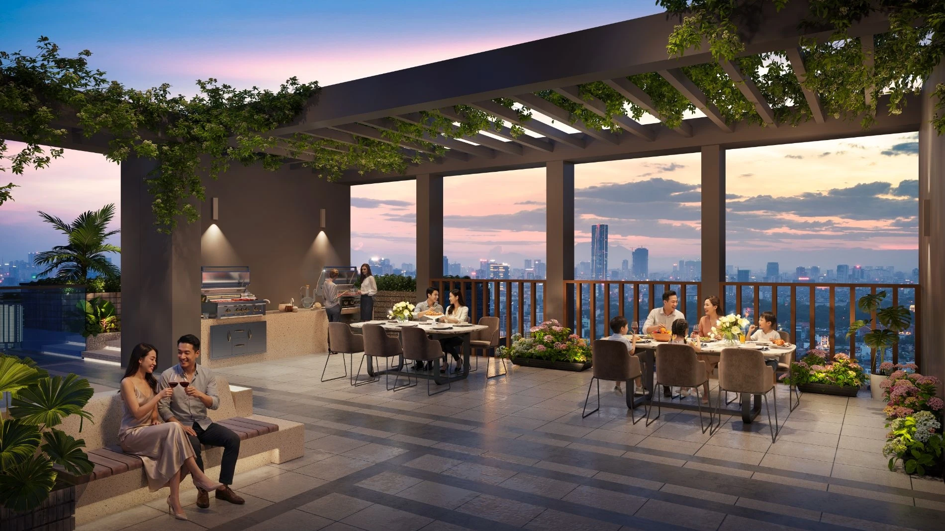 Cư dân tổ chức tiệc BBQ tại không gian mở trên tầng thượng The Westique Residences.