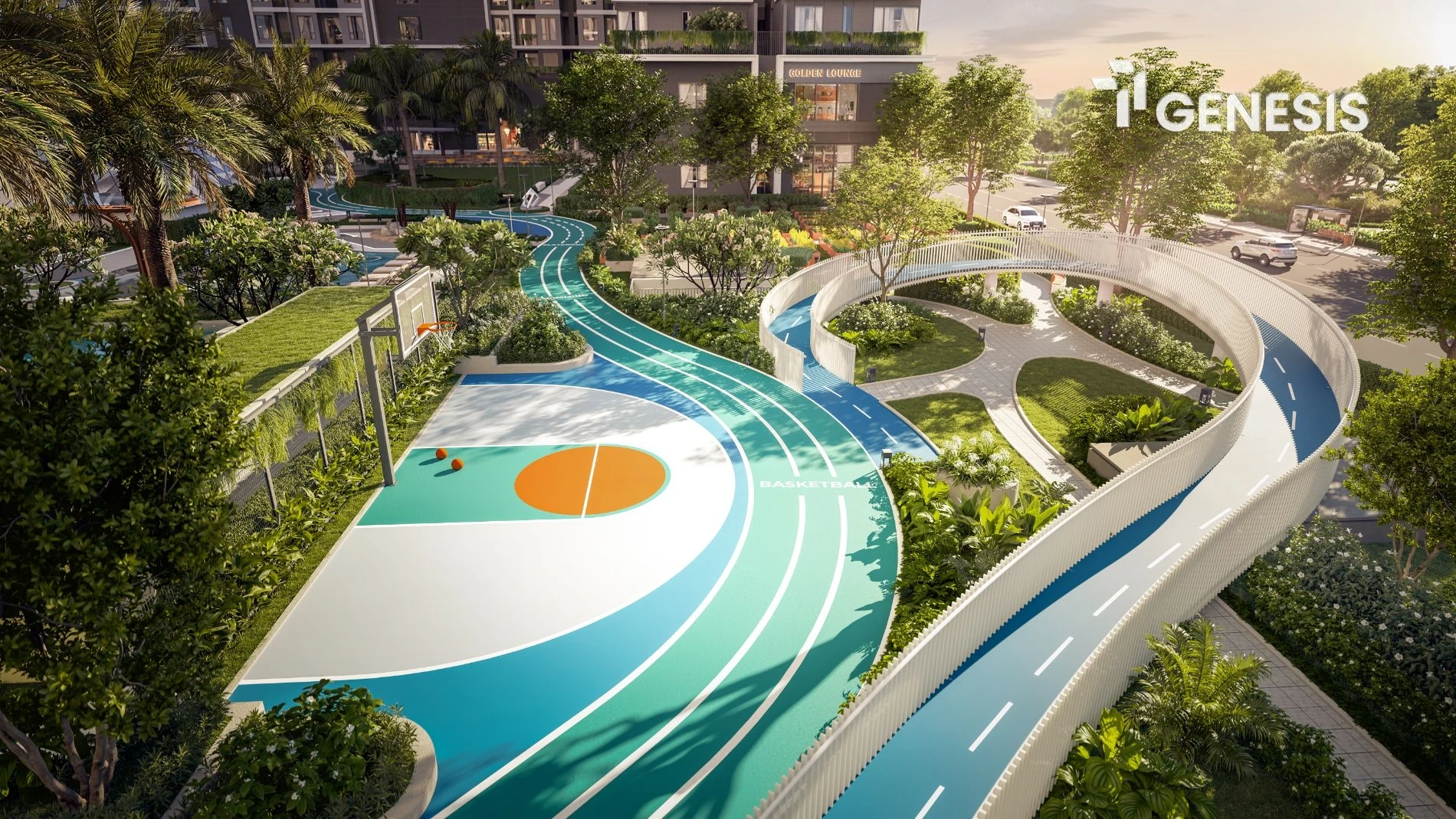 Sân bóng rổ và đường chạy bộ trên cao tại khu thể thao Tidal Park